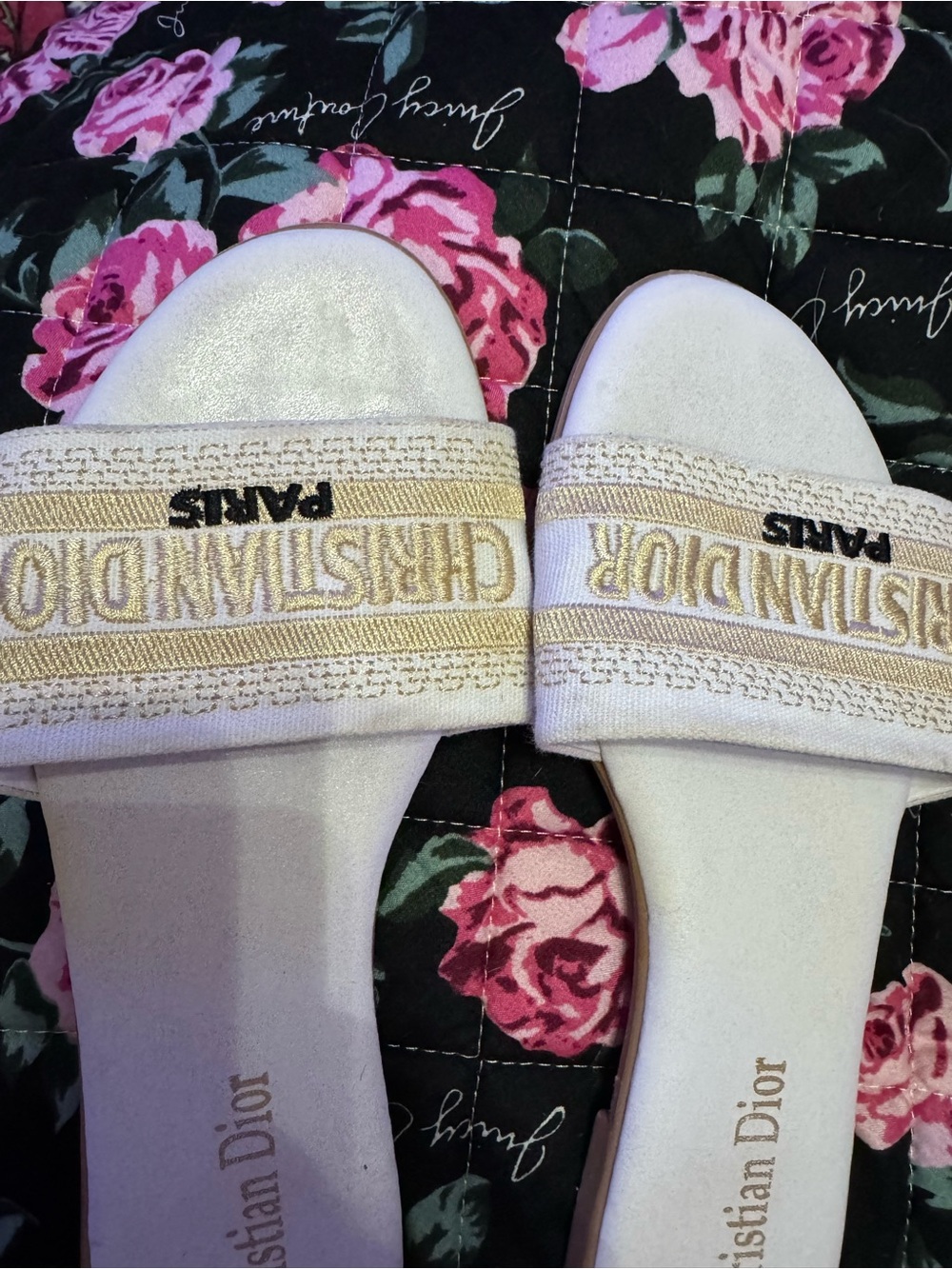 Dior Cream & Gold Embroidered Logo Slide Sandals